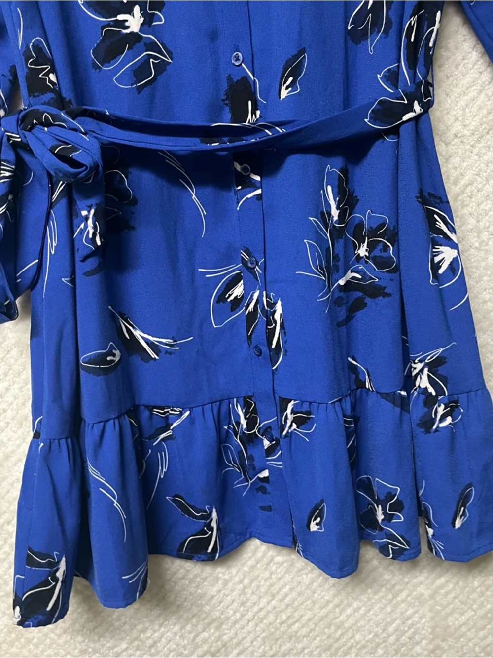 Nine West Shirt Dress Ruffle Hem Floral Button-Front Tie Waist Blue Medium - Picture 6 of 11